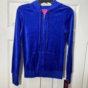 Jenni By Jennifer Moore Royal Blue Solid Velour Hooded Full Zip Sweater Jacket S